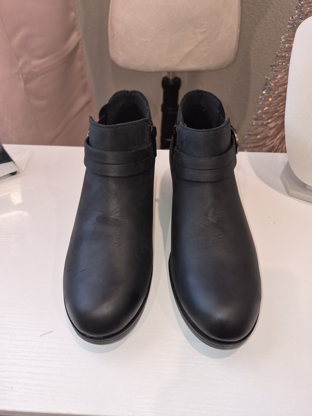 Clarks Black Leather Ankle Booties with Strap Detail